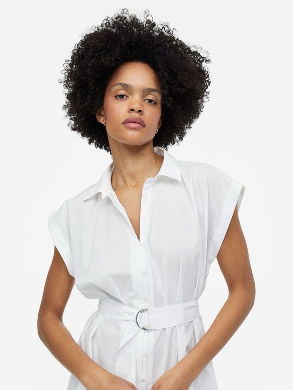 H&M White Cotton Shirt Dress Belted Midi Minimal Buttons Capsule Wardrobe Size L - Picture 4 of 7